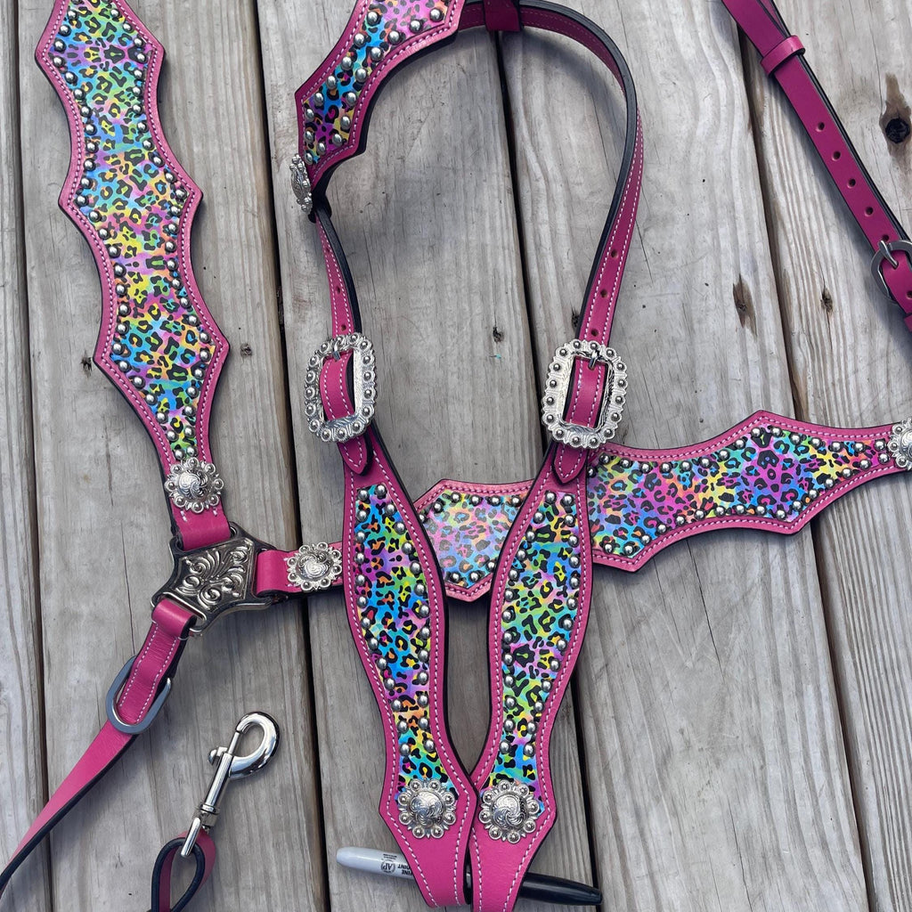 Western Horse Tack Set | Ready to ship| Hot pink& Rainbow Cheetah leather