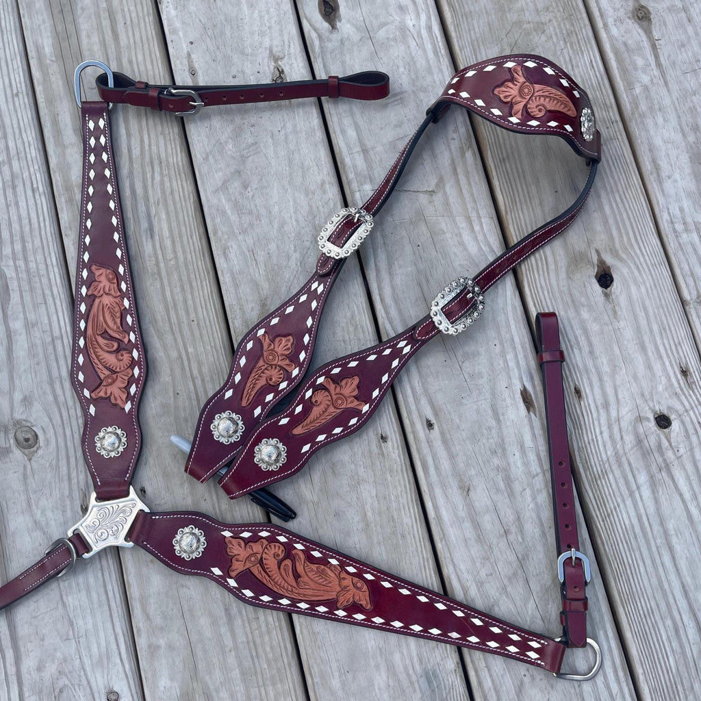 Western Leather Tack Set | Handcrafted Tooling, One Ear Headstall, Breast Collar (BHT095)