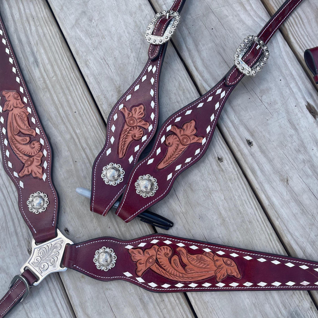 Western Leather Tack Set | Handcrafted Tooling, One Ear Headstall, Breast Collar (BHT095)