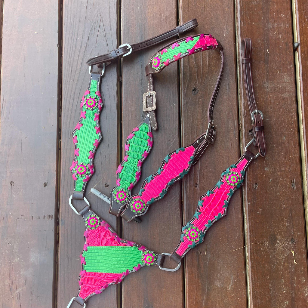 Hot pink and lime green tack set with buck stitch| Made to Order