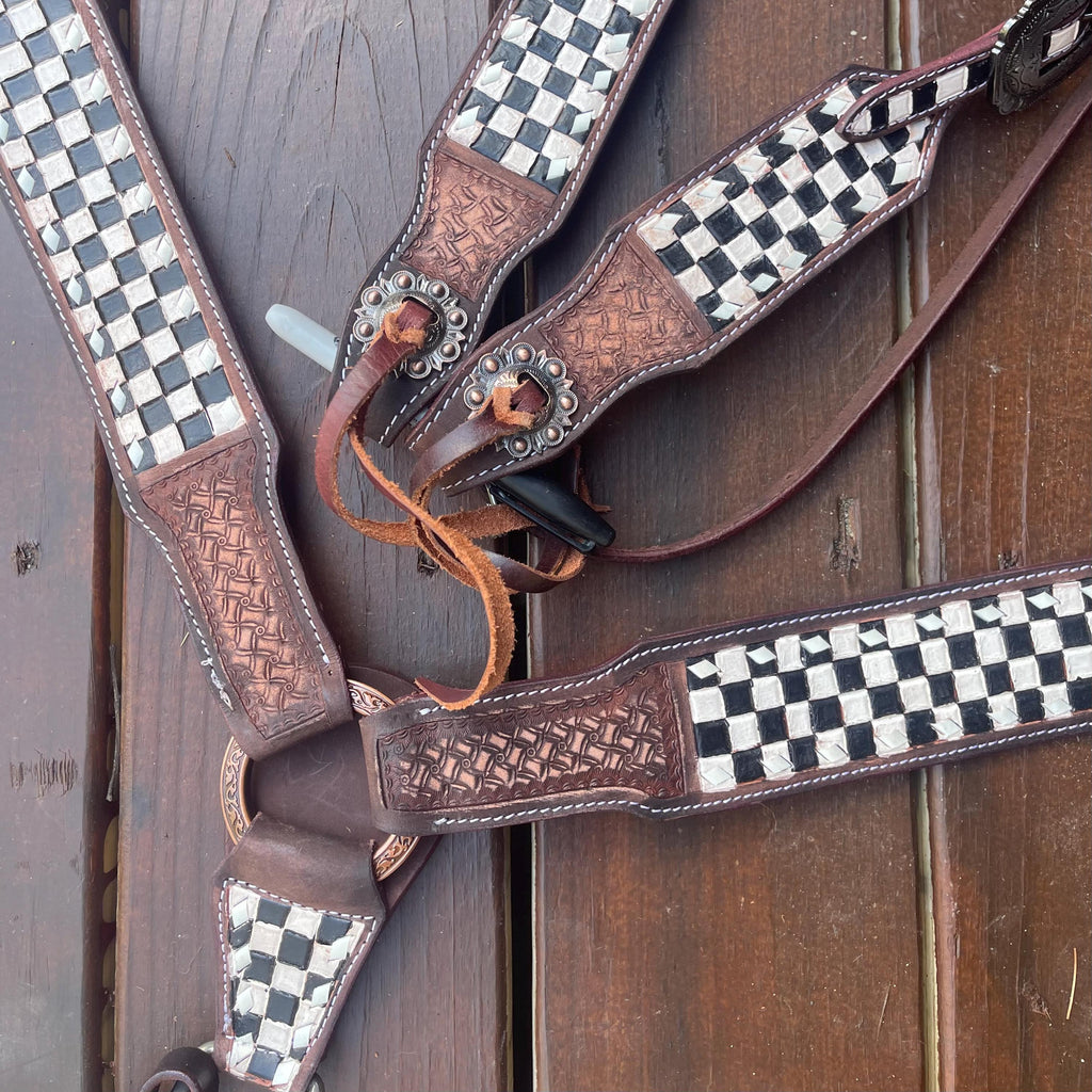 Checker and tooled Western Tack Set browband headstall breastplate