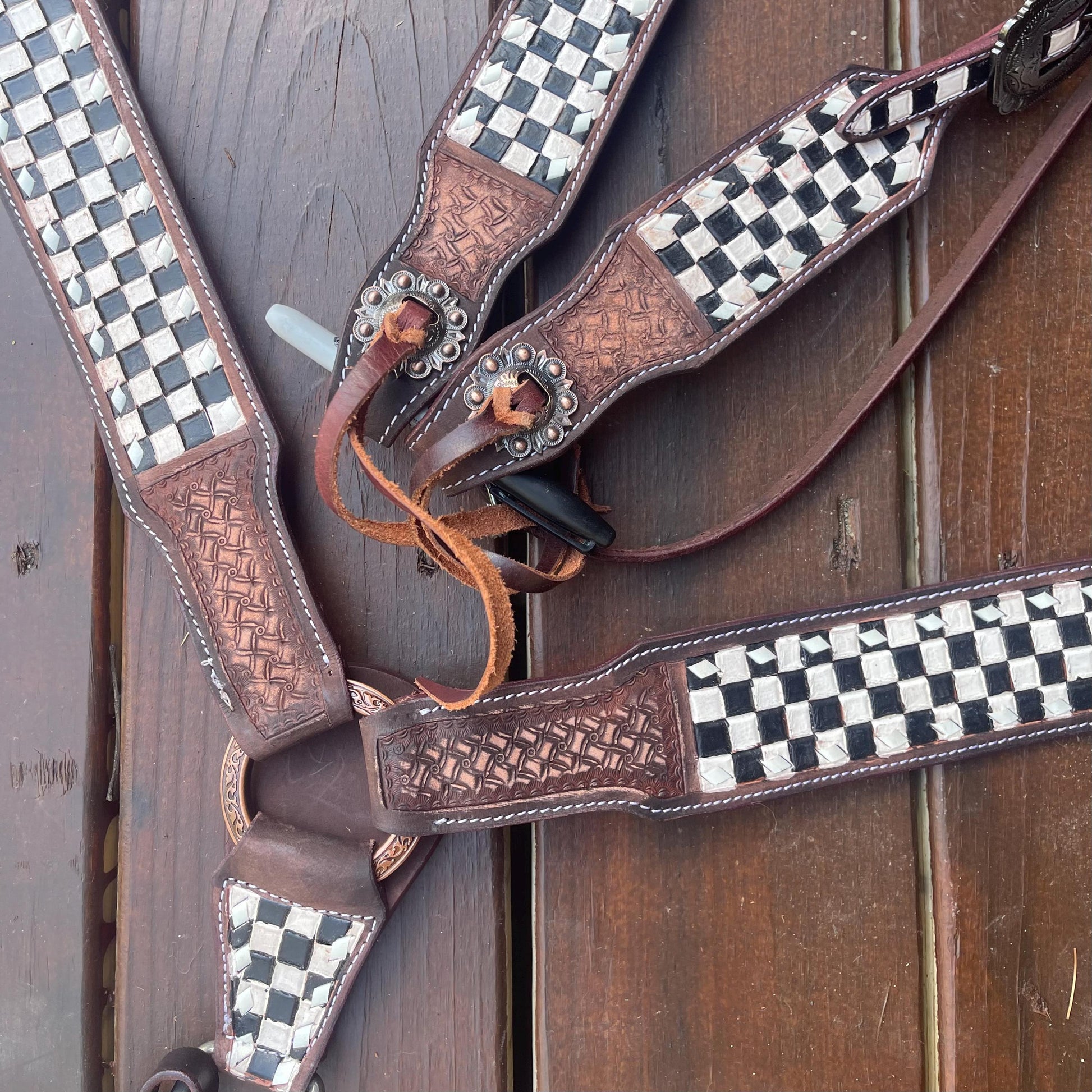 Checker and tooled Western Tack Set browband headstall breastplate