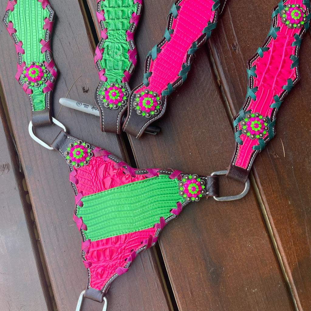 Hot pink and lime green tack set with buck stitch| Made to Order