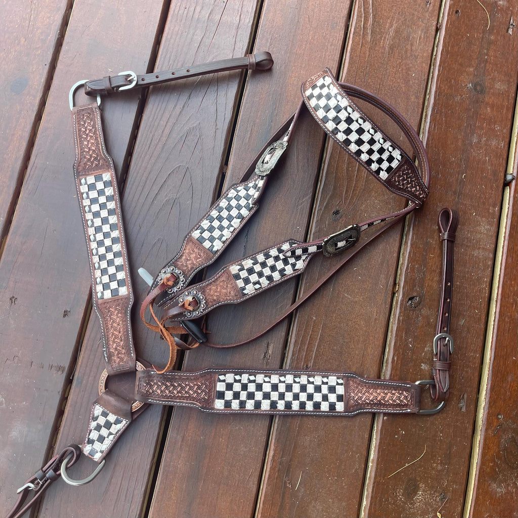 Checker and tooled Western Tack Set browband headstall breastplate