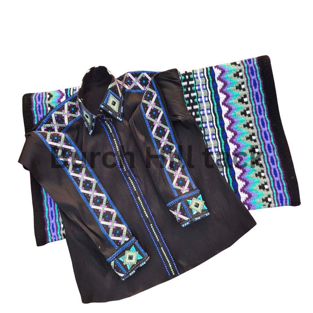 Western Show Shirt + show pad , Rhinestone Embellished, Made to Order| Black& Turquoise