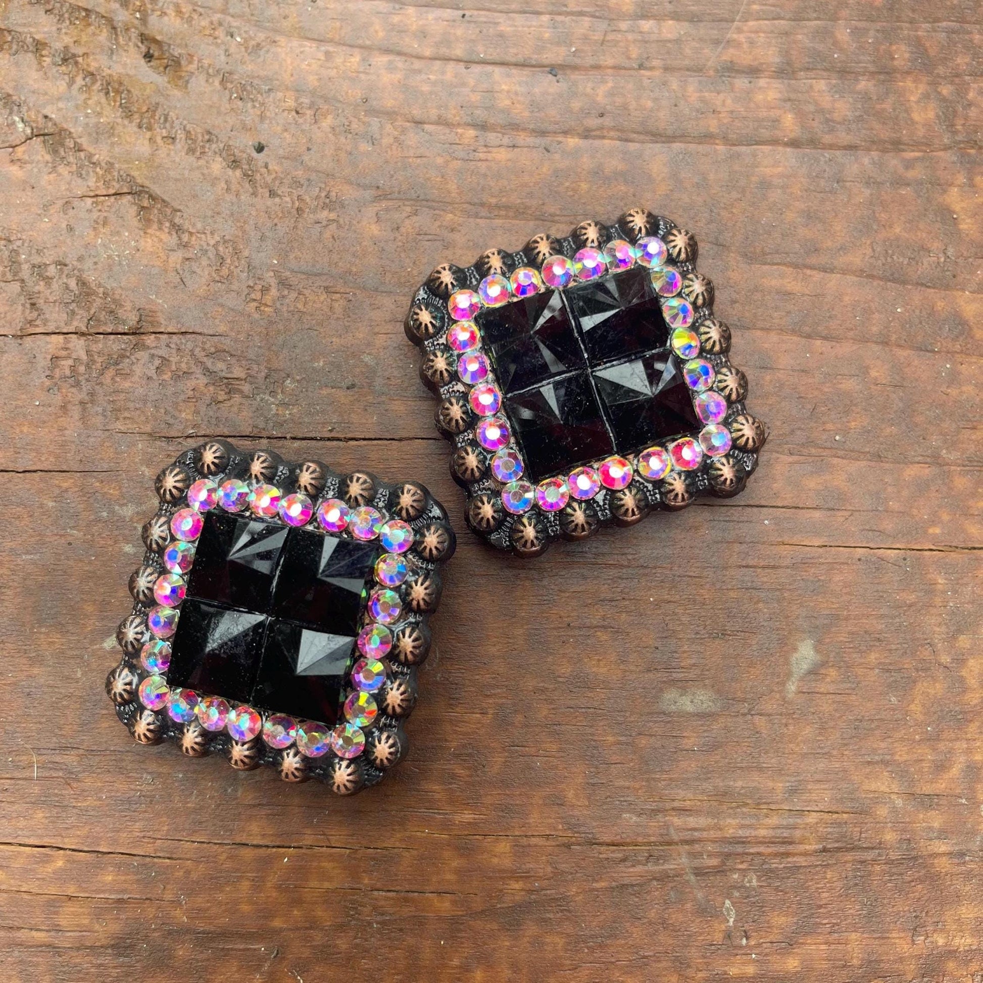 1.5" Antique Bronze Square Concho - Black& Clear AB Rhinestone - Western Horse Tack