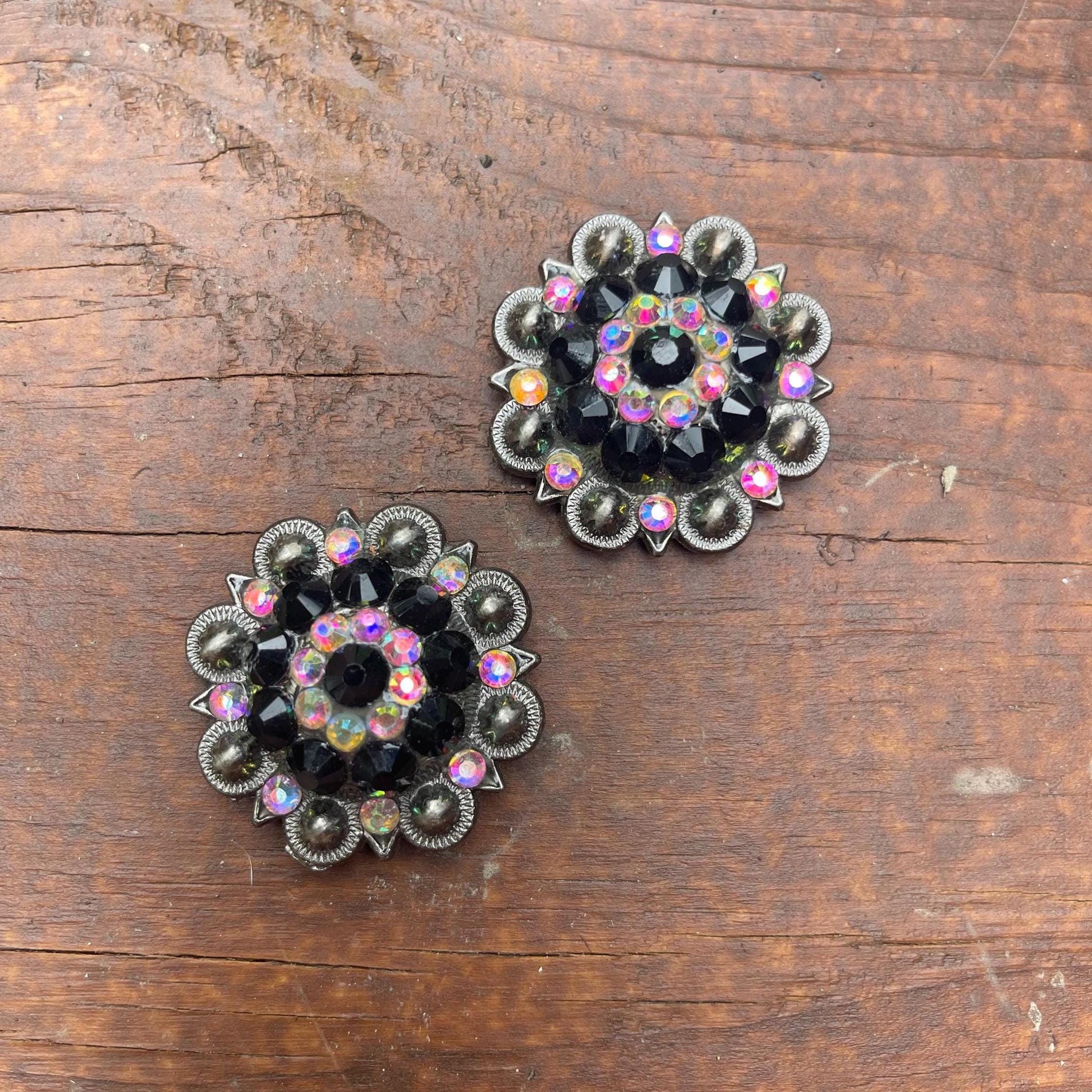 1.5" Antique Silver Round Berry Concho - Black & Clear AB Rhinestone - Western Horse Tack