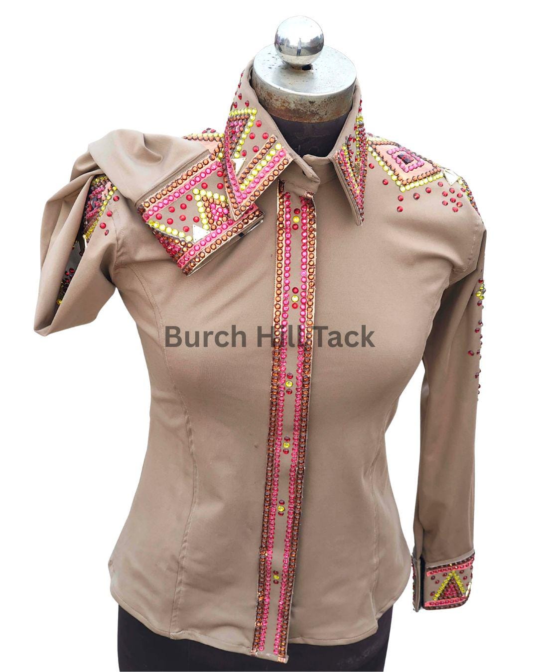 Western Show Shirt, Rhinestone Embellished, Made to Order| Tan& Pink