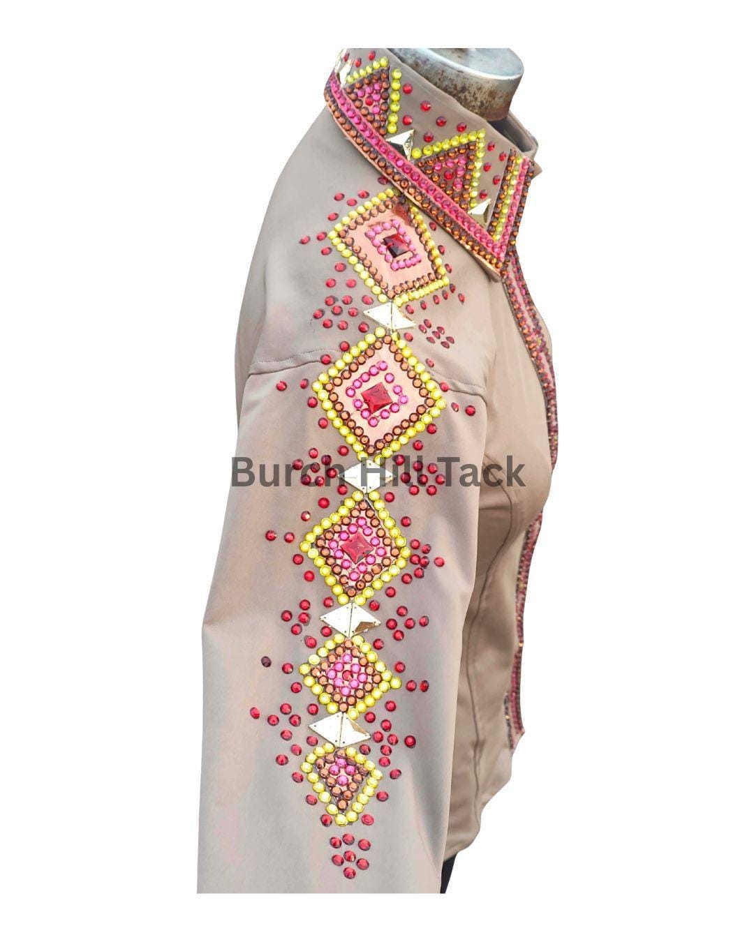 Western Show Shirt, Rhinestone Embellished, Made to Order| Tan& Pink