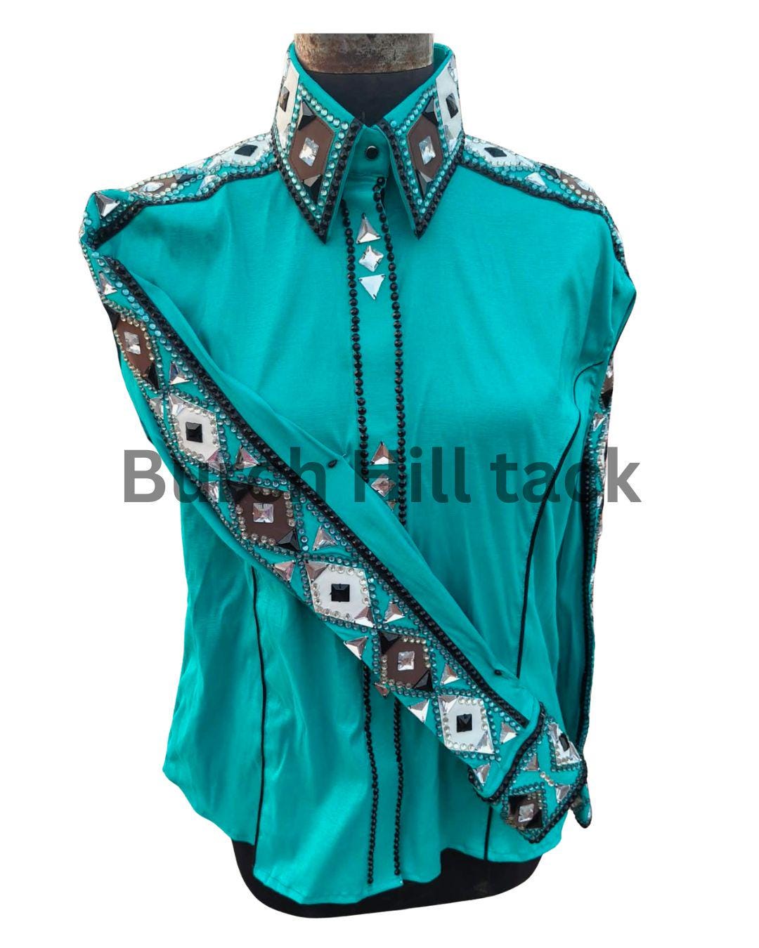 Western Show Shirt + show pad , Rhinestone Embellished, Made to Order| Turquoise& Black