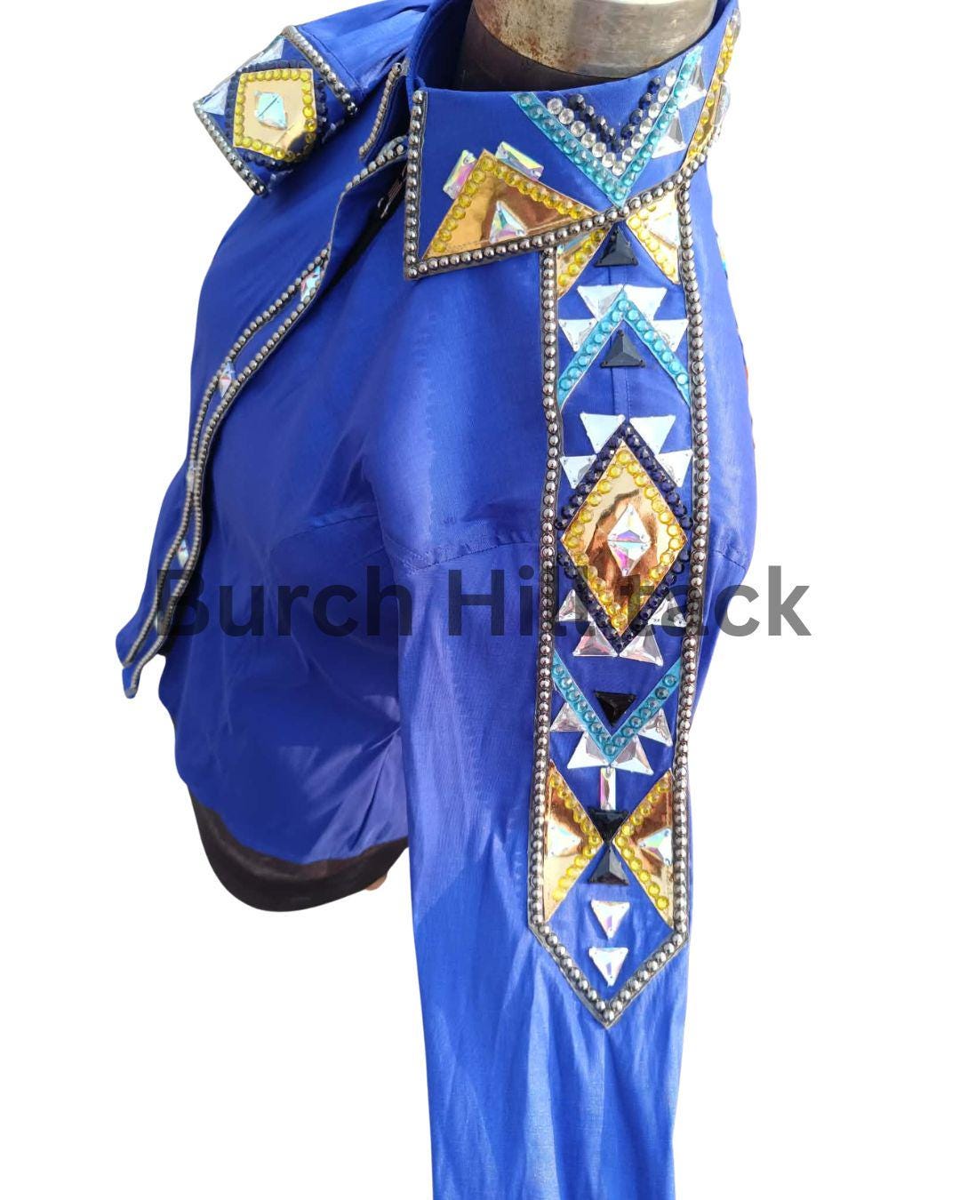 Western Show Shirt + show pad , Rhinestone Embellished, Made to Order| navy& Gold