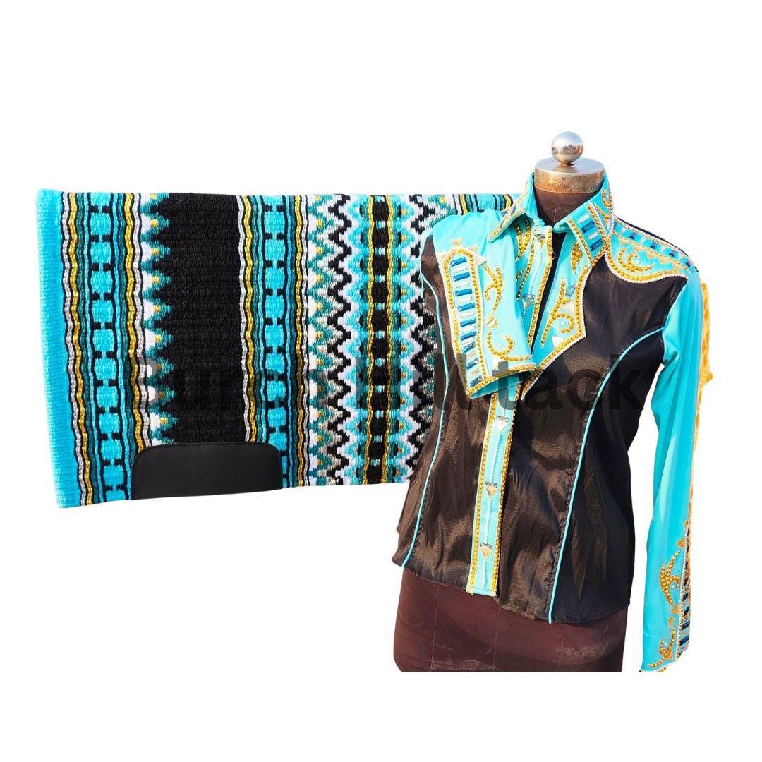 Western Show Shirt + show pad , Rhinestone Embellished, Made to Order| Turquoise& Black
