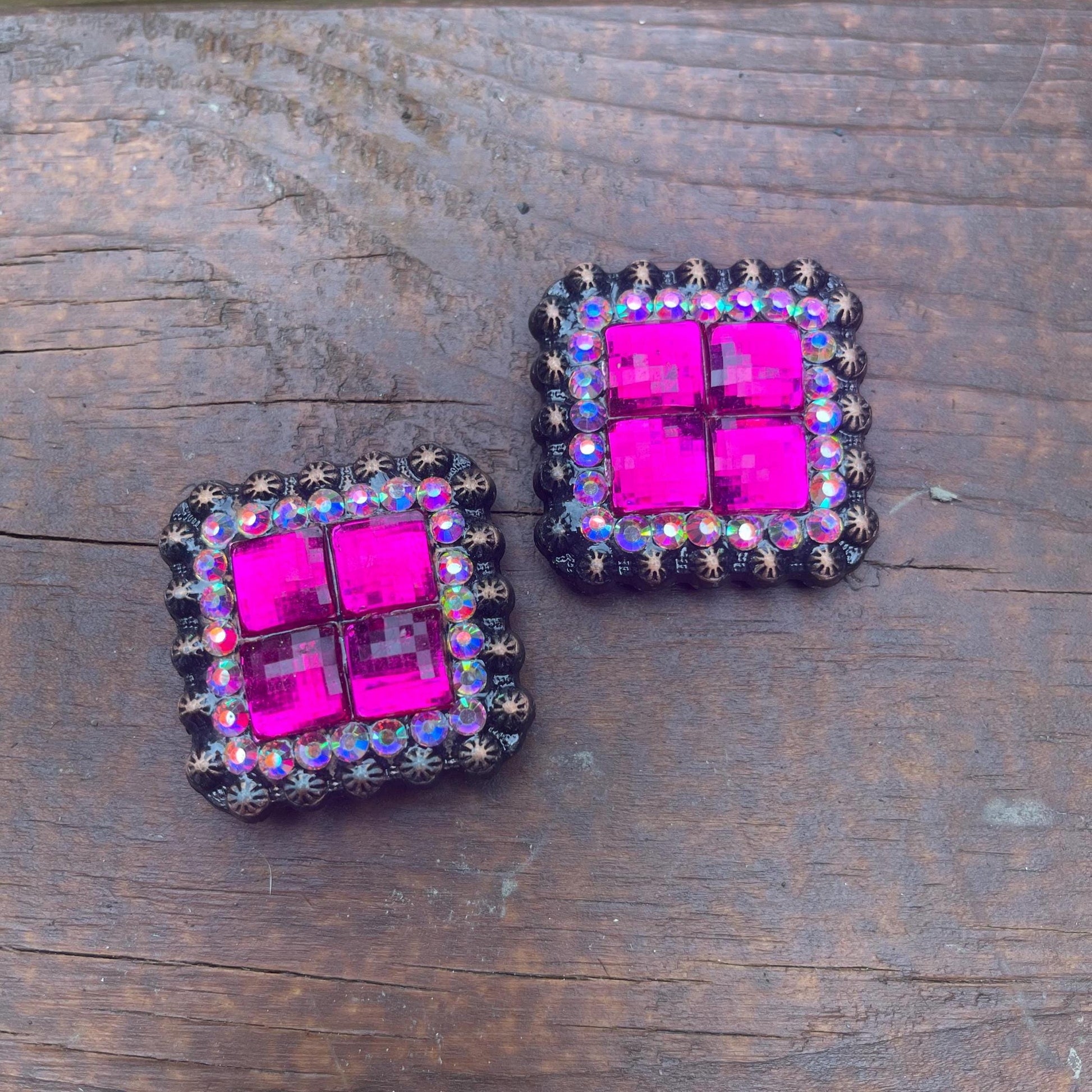 1.5" Antique Bronze Square Concho - Pink& Clear AB Rhinestone - Western Horse Tack