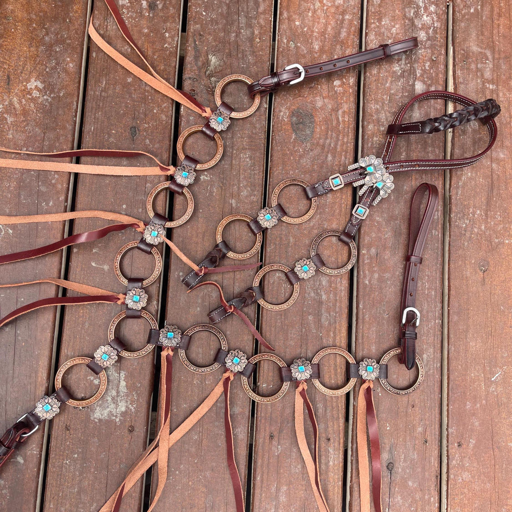 Turquoise Fringe Ring Western Tack set Headstall Breastcollar