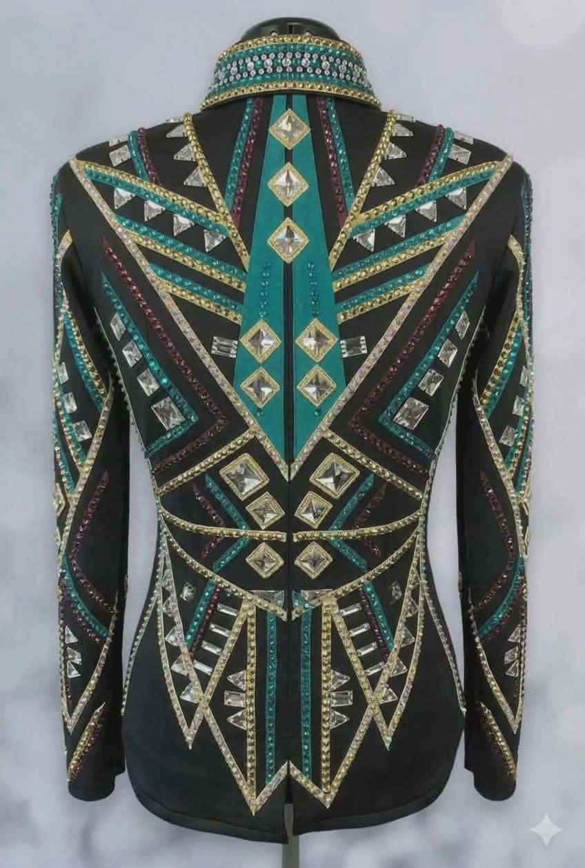 Western Show Jacket, Rhinestone Embellished, Made to Order| Black& turquoise