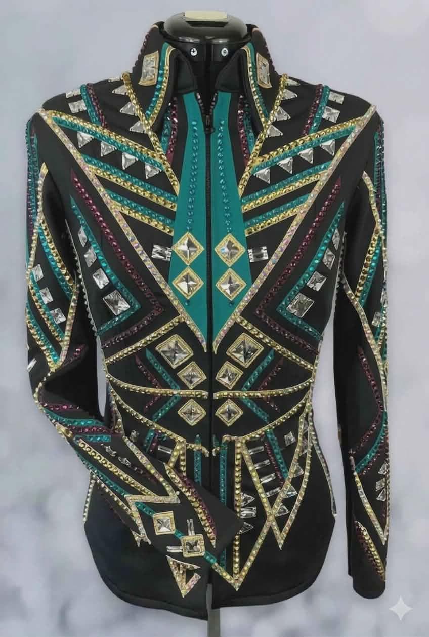 Western Show Jacket, Rhinestone Embellished, Made to Order| Black& turquoise