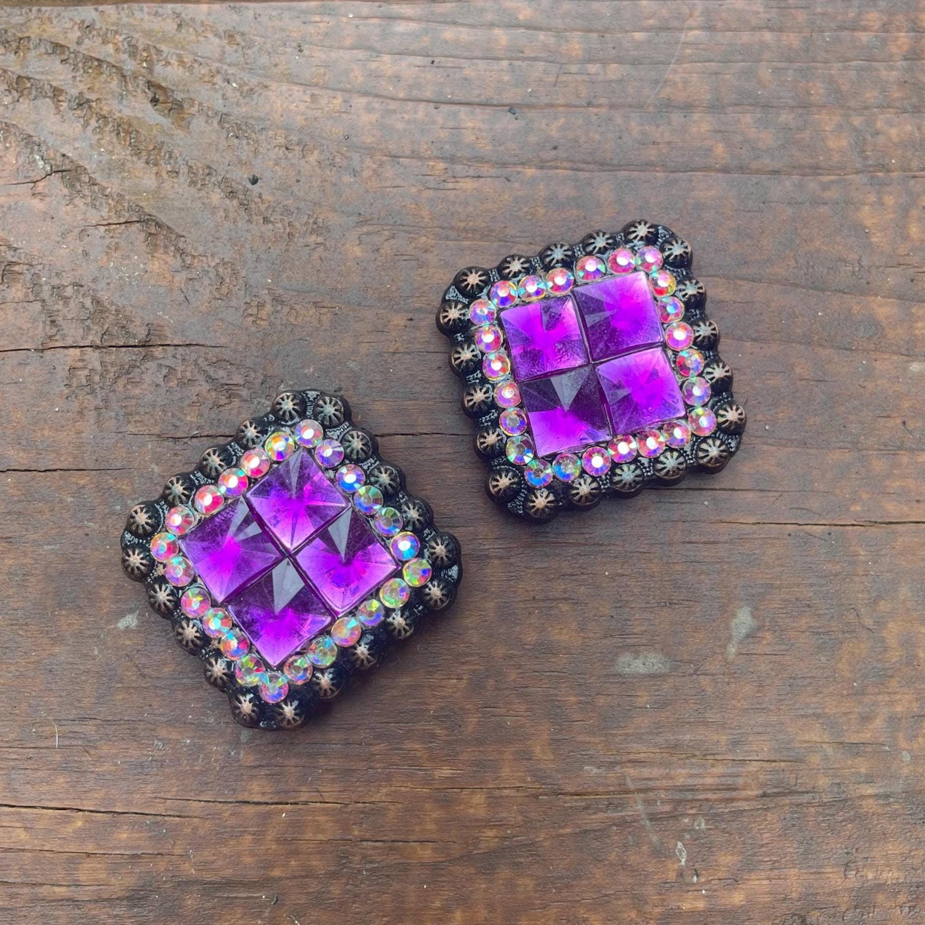1.5" Antique Bronze Square Concho - Purple& Clear AB Rhinestone - Western Horse Tack