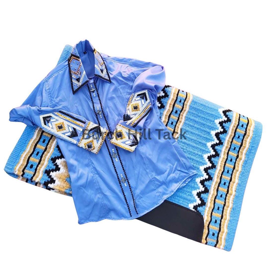 Western Show Shirt + show pad , Rhinestone Embellished, Made to Order| Blue& gold