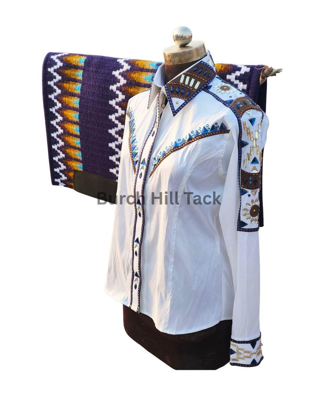 Western Show Shirt + show pad , Rhinestone Embellished, Made to Order| White& Purple