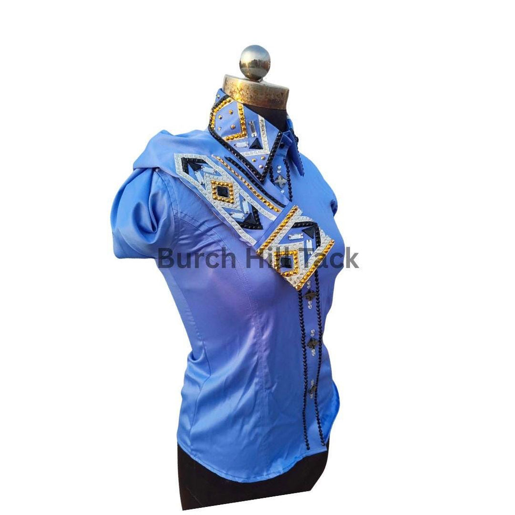 Ready to Ship Western Show Shirt + show pad , Rhinestone Embellished| Blue& gold
