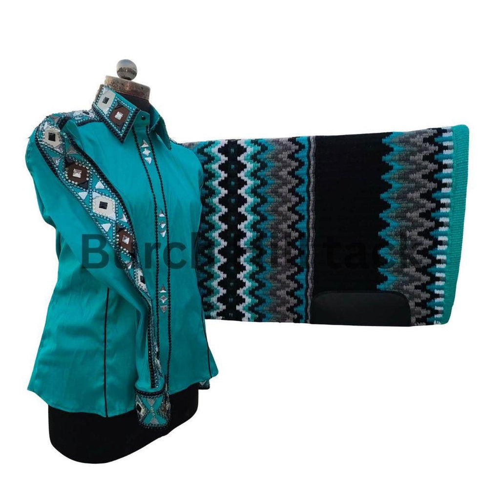 Western Show Shirt + show pad , Rhinestone Embellished, Made to Order| Turquoise& Black