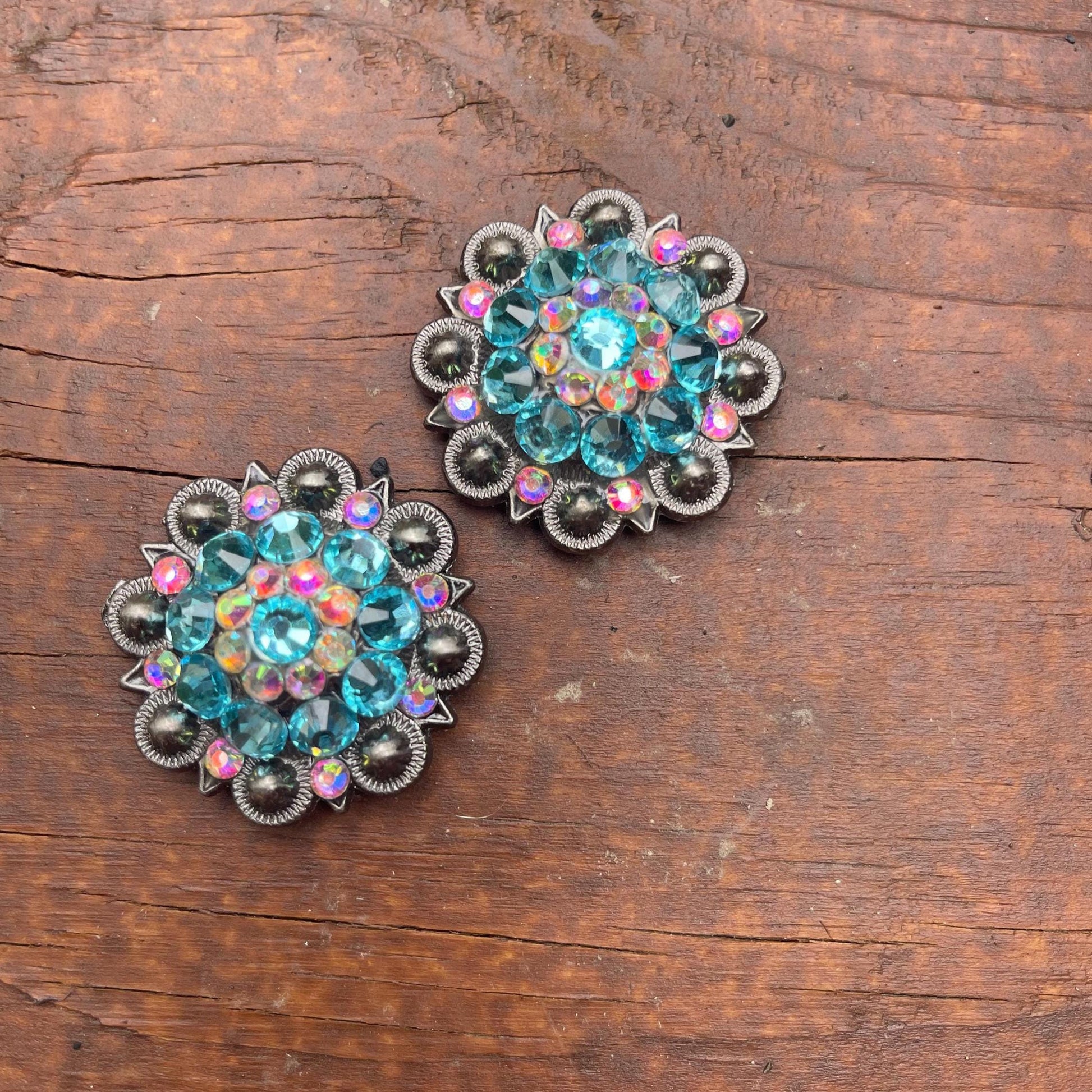 1.5" Antique silver Round Berry Concho -  turquoise & Clear AB Rhinestone - Western Horse Tack