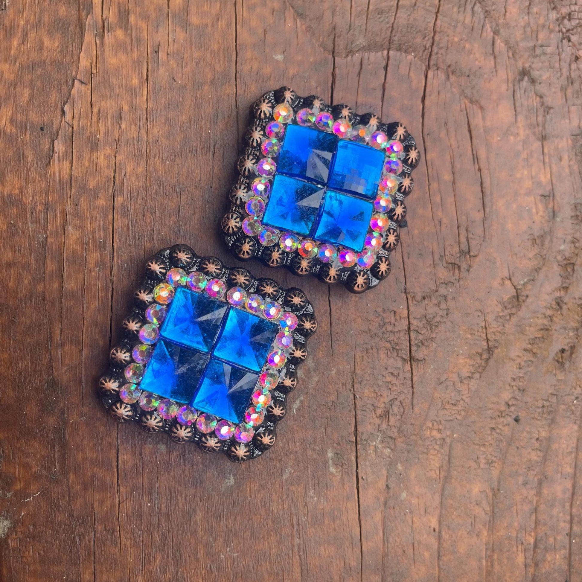 1.5" Antique Bronze Square Concho - Royal Blue & Clear AB Rhinestone - Western Horse Tack