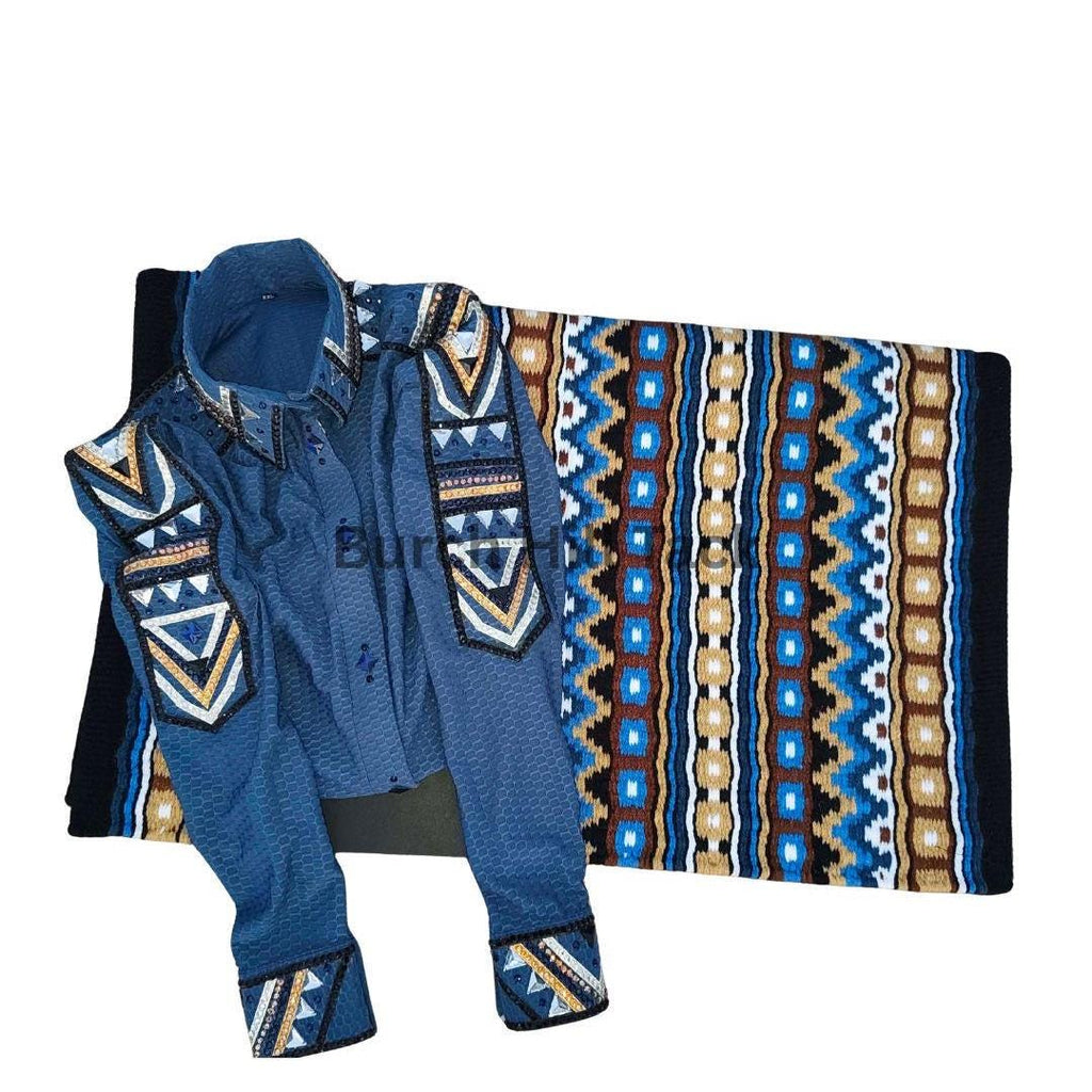Western Show Shirt + show pad , Rhinestone Embellished, Made to Order| Blue