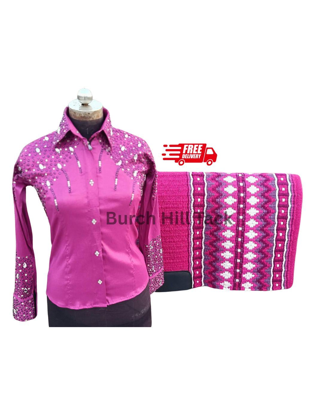 Western Show Shirt + show pad , Rhinestone Embellished, Made to Order| Pink& white