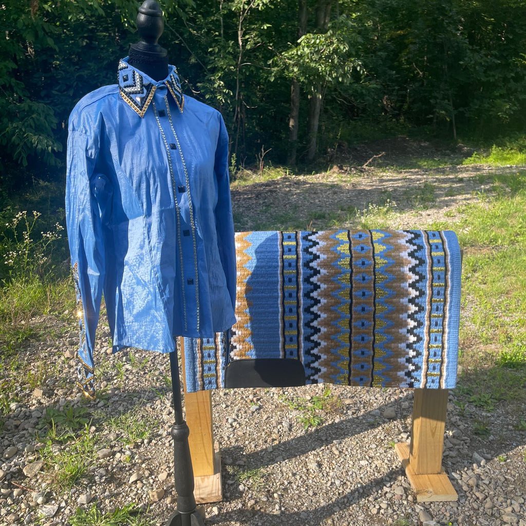 Ready to Ship Western Show Shirt + show pad , Rhinestone Embellished| Blue& gold