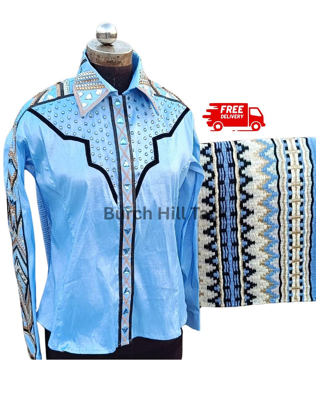 Western Show Shirt + show pad , Rhinestone Embellished, Made to Order| Turquoise& Gold