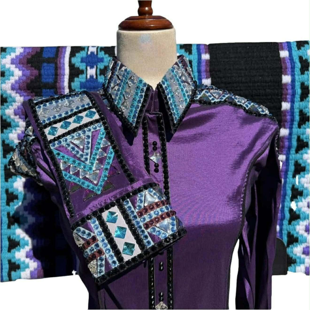 Western Show Shirt + show pad , Rhinestone Embellished, Made to Order| Purple& Blue