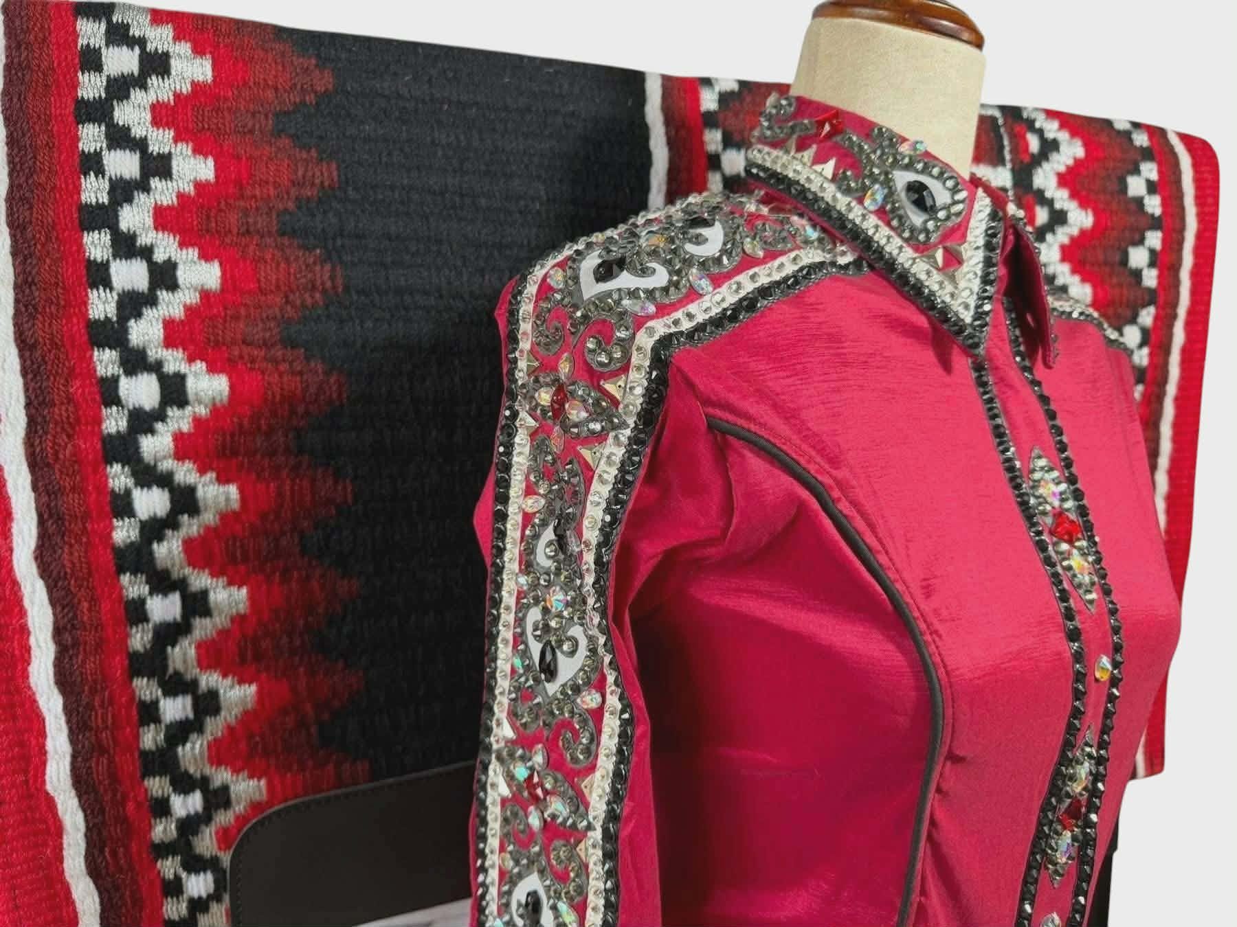 Western Show Shirt + show pad , Rhinestone Embellished, Made to Order| Red& Black