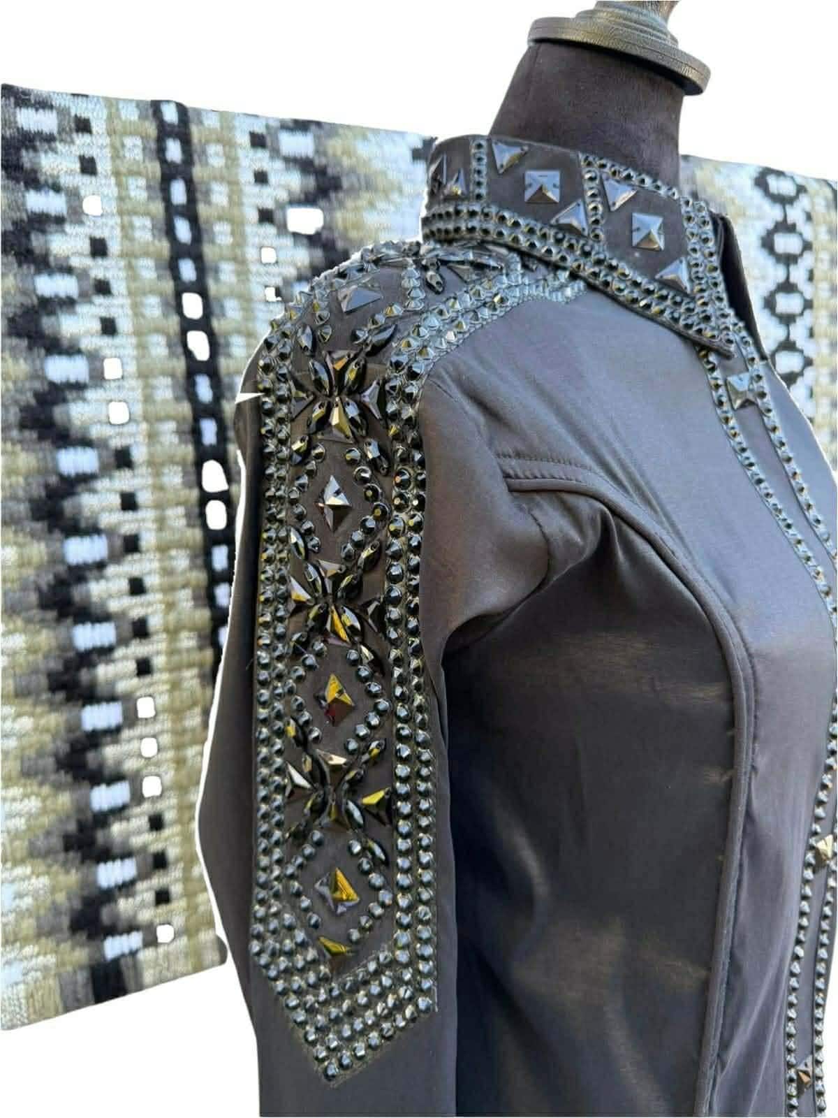 Western Show Shirt + show pad , Rhinestone Embellished, Made to Order| Gray& olive green