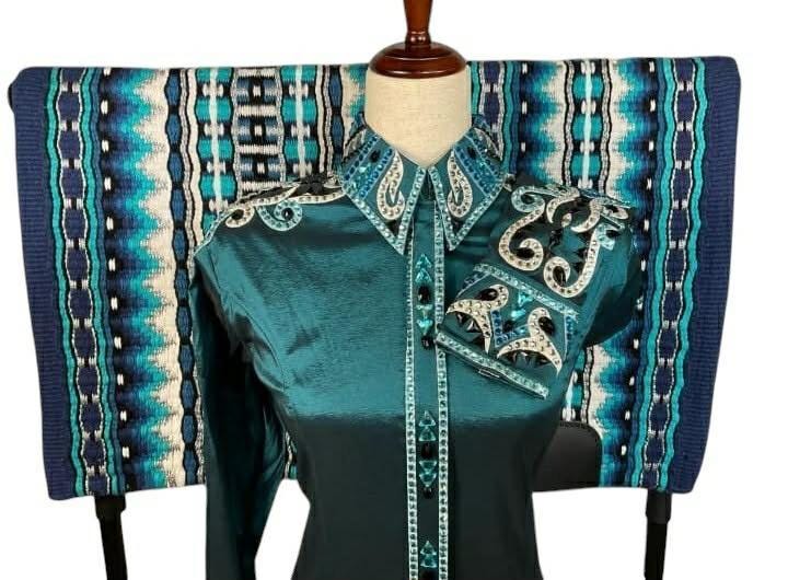 Western Show Shirt + show pad , Rhinestone Embellished, Made to Order| Emerald Green
