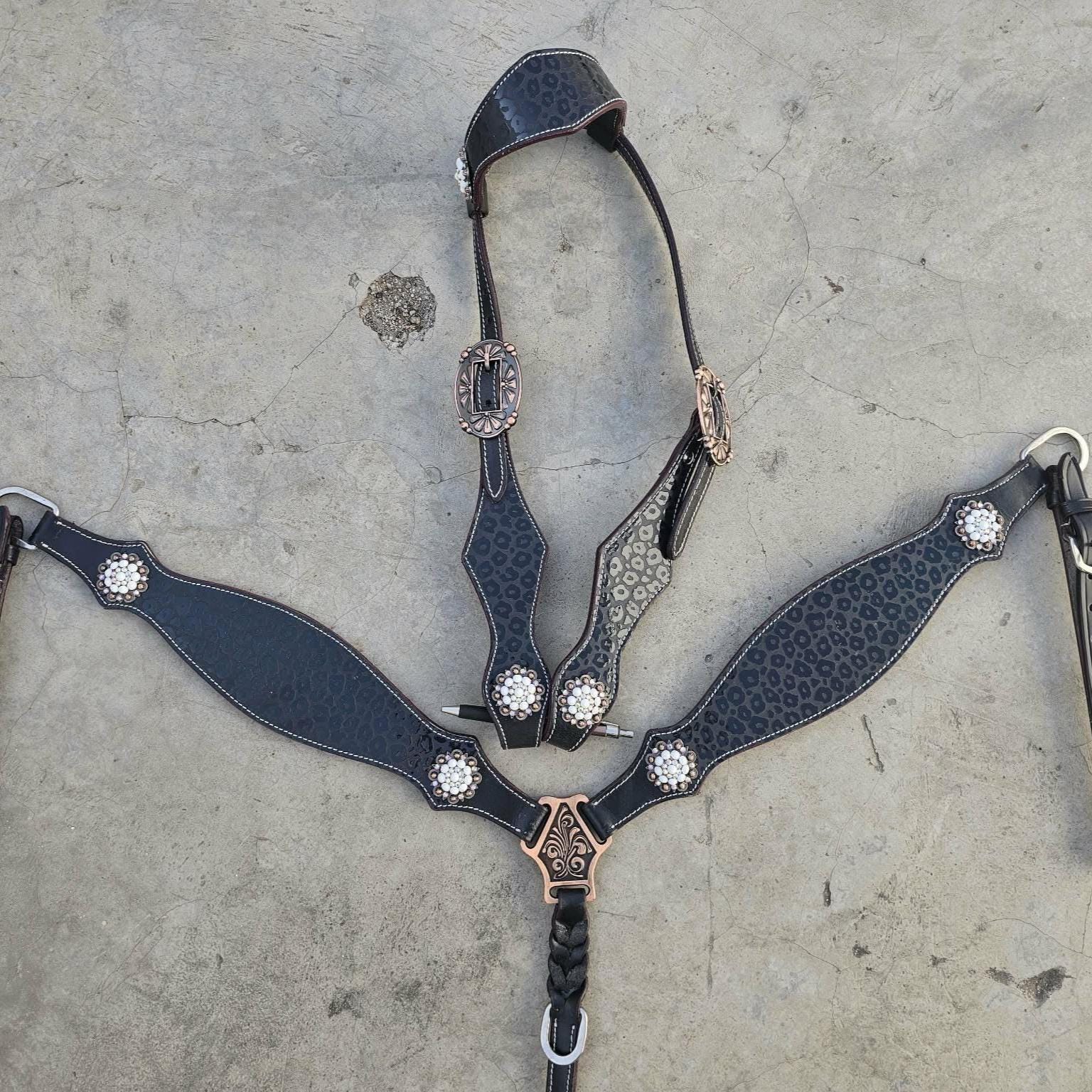 Black cheetah on dark brown barrel racing tack set | Made to Order