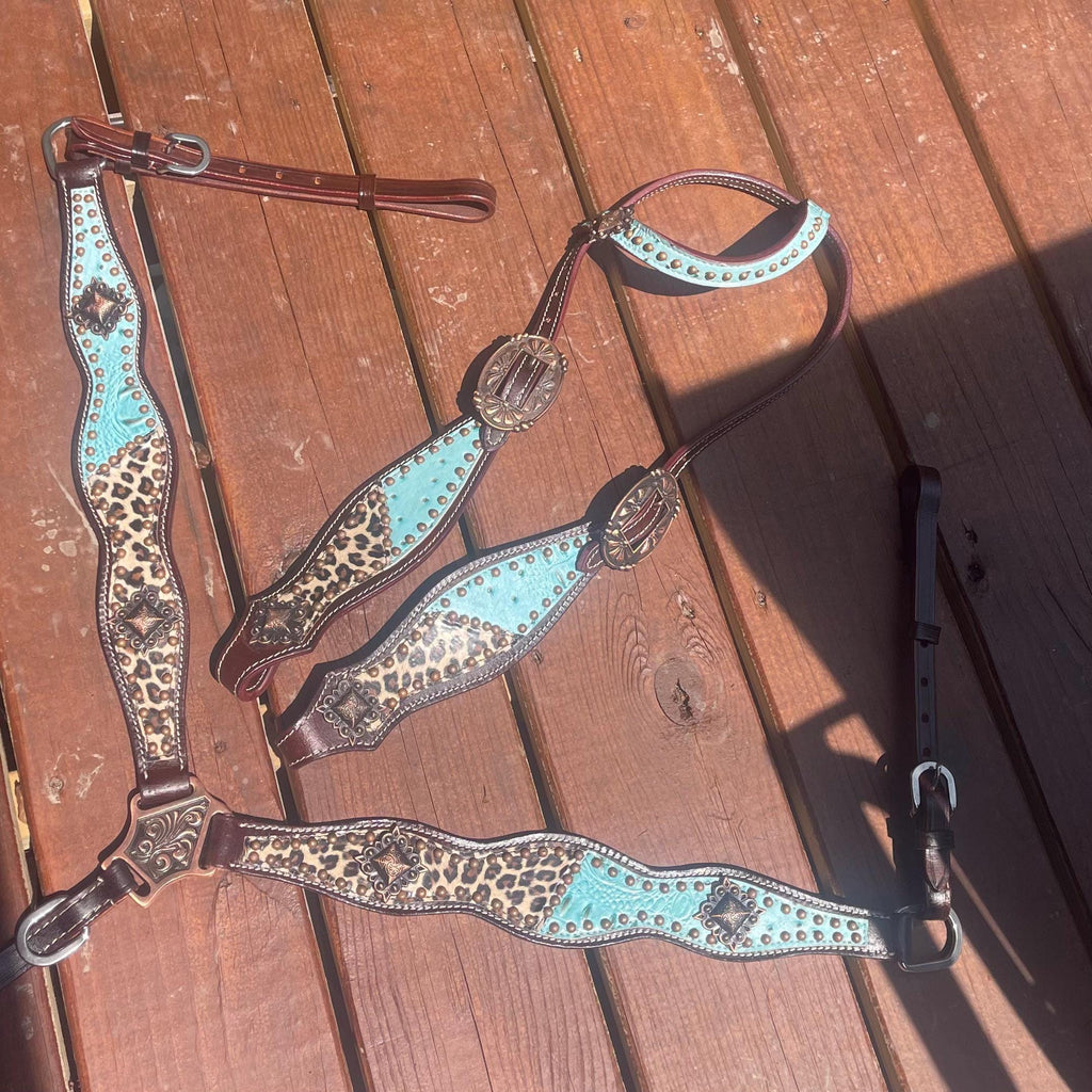 Western Horse Tack Set | Turquoise & Cheetah Print