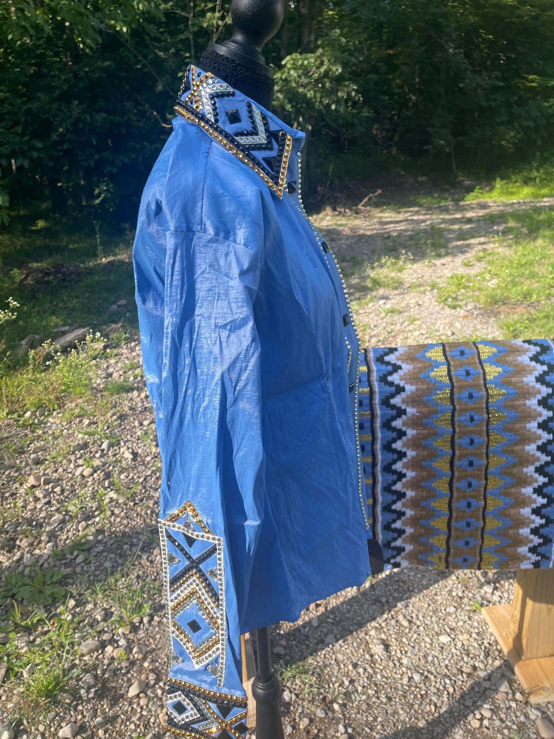 Ready to Ship Western Show Shirt + show pad , Rhinestone Embellished| Blue& gold