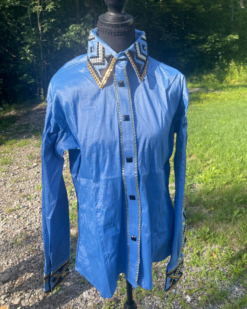 Ready to Ship Western Show Shirt + show pad , Rhinestone Embellished| Blue& gold