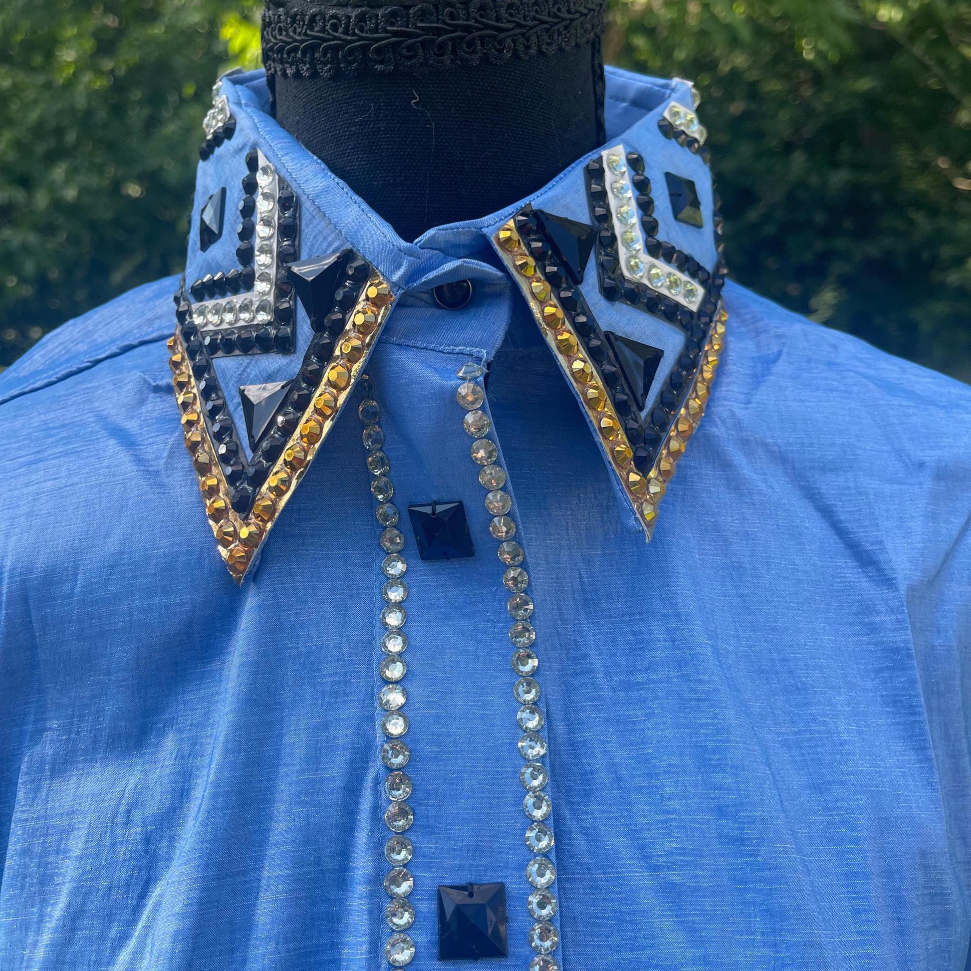 Ready to Ship Western Show Shirt + show pad , Rhinestone Embellished| Blue& gold