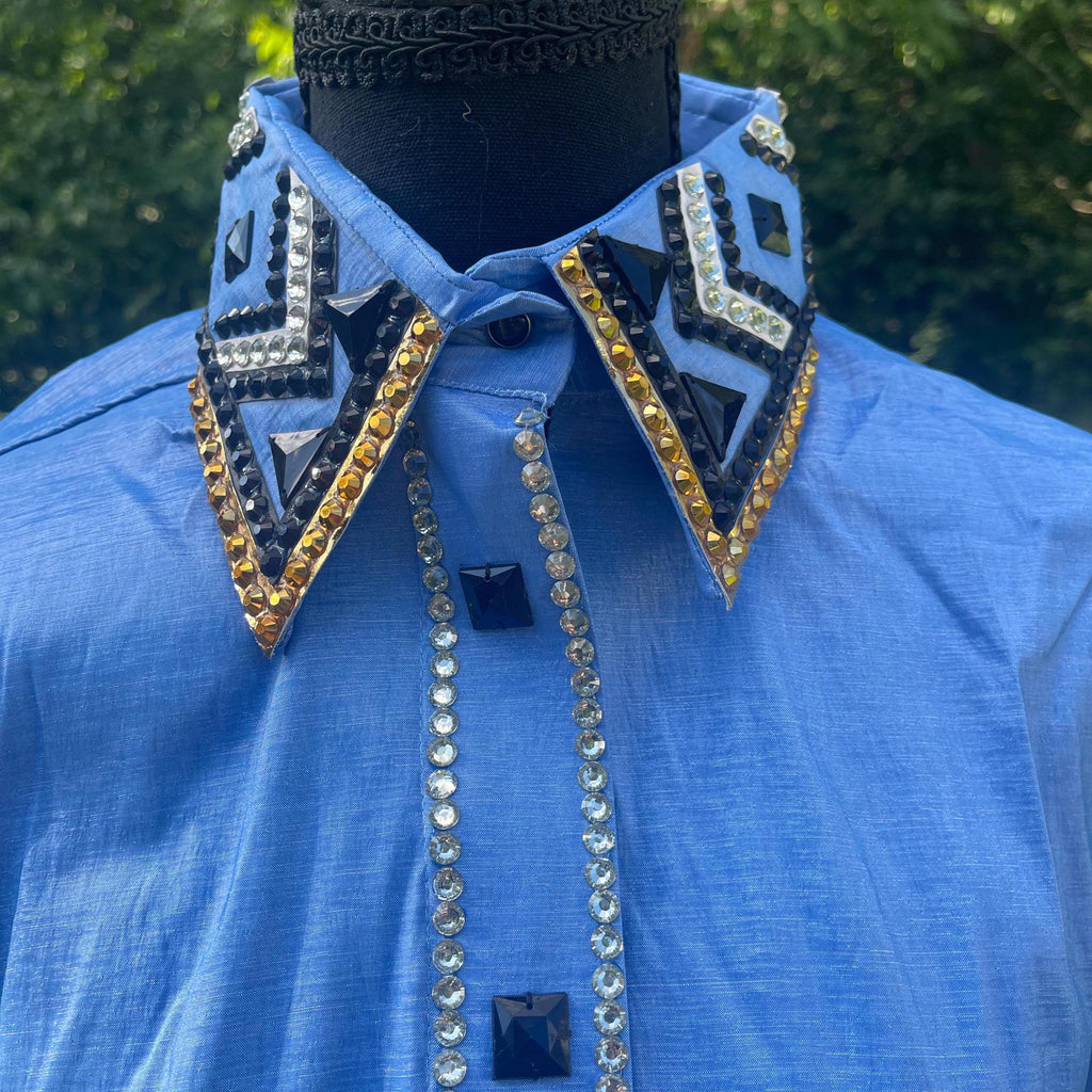 Western Show Shirt + show pad , Rhinestone Embellished, Made to Order| Blue& gold
