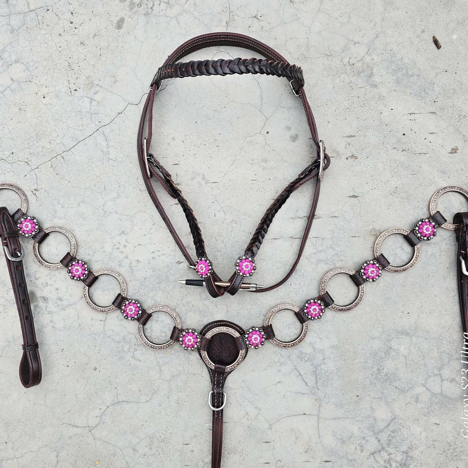 Western Horse Tack Set | Hot Pink Browband Ring Set | Made to Order (BHT125)