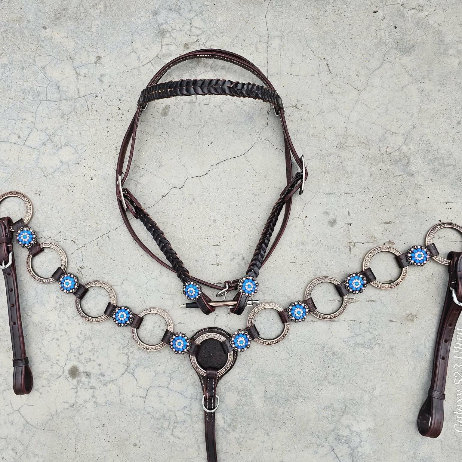 Western Horse Tack Set | Dark Blue Browband Ring Set | Made to Order (BHT124)