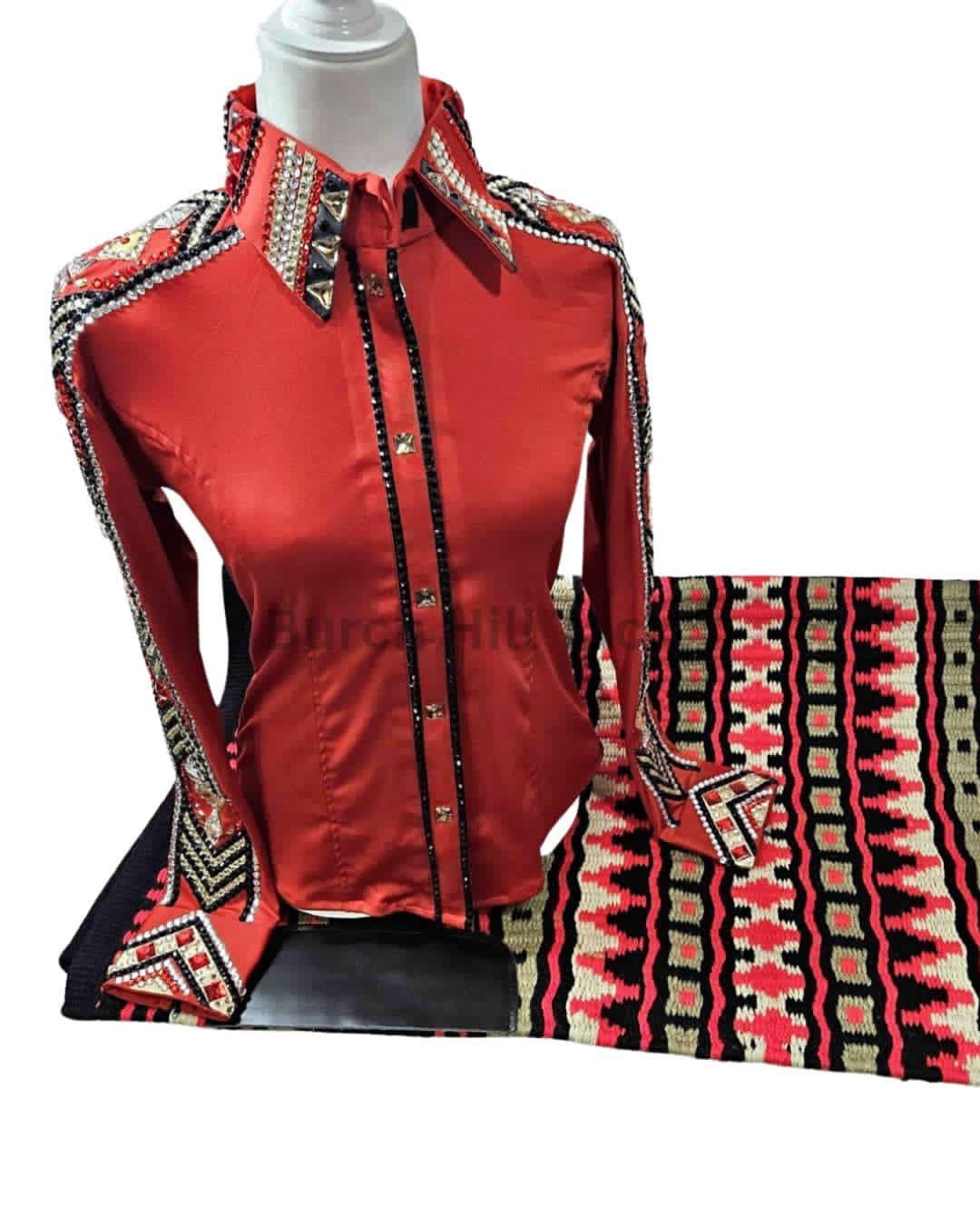 Western Show Shirt + Show Pad, Rhinestone Embellished, Made to Order | Red & Gold (BHT-SP069)