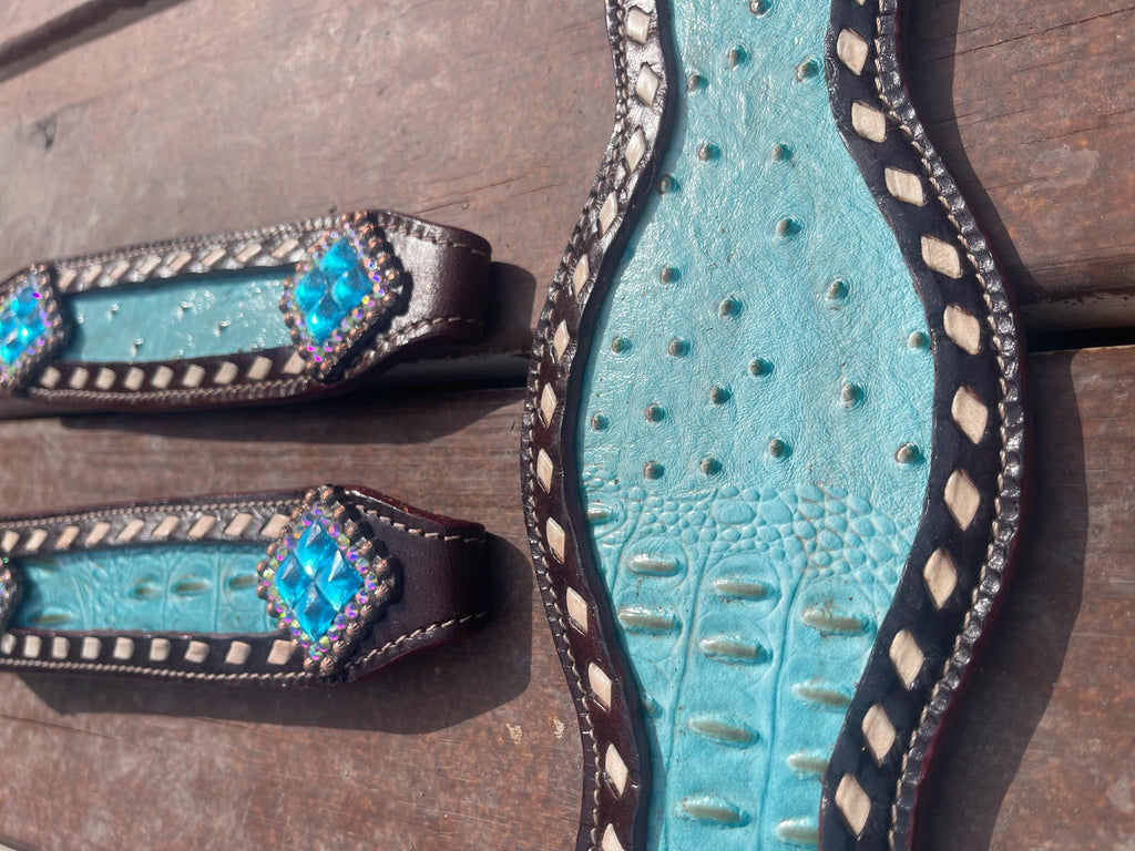 Turquoise Leather Bronc Halter Pieces
