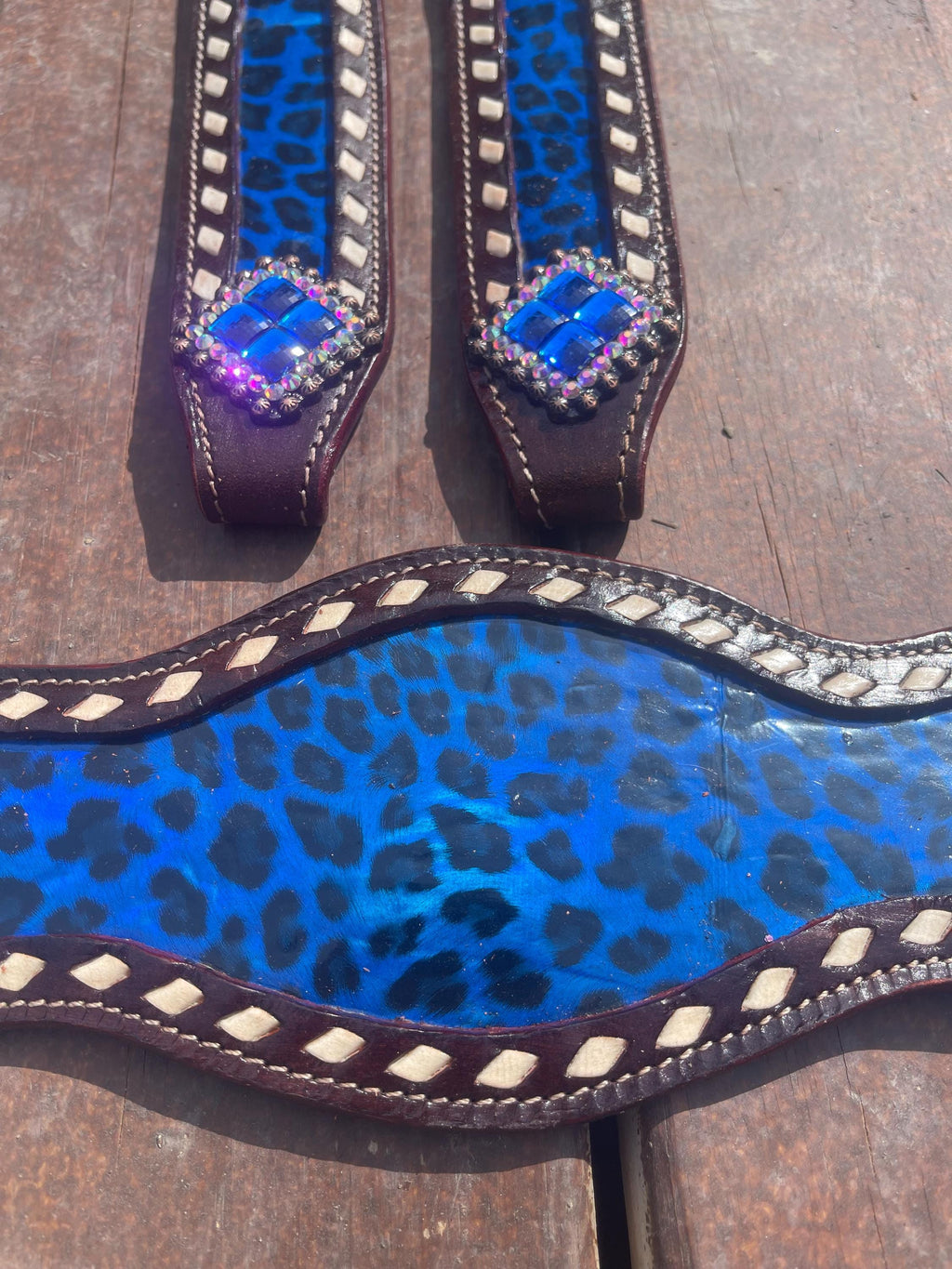 Blue cheetah print Leather Bronc Halter Pieces