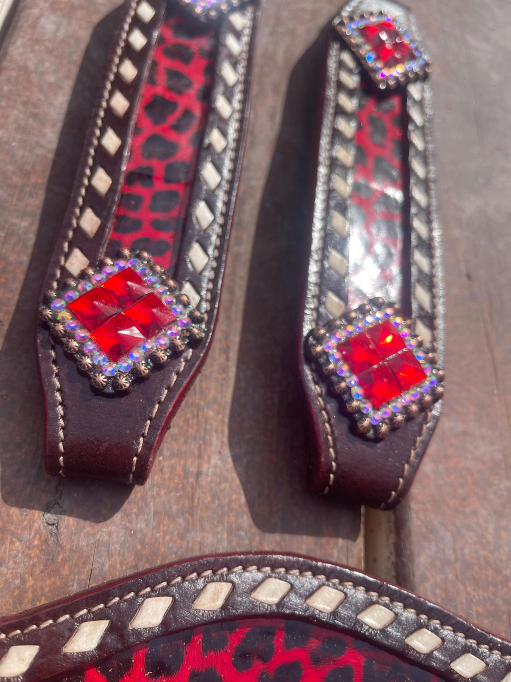 Red cheetah print Leather Bronc Halter Pieces