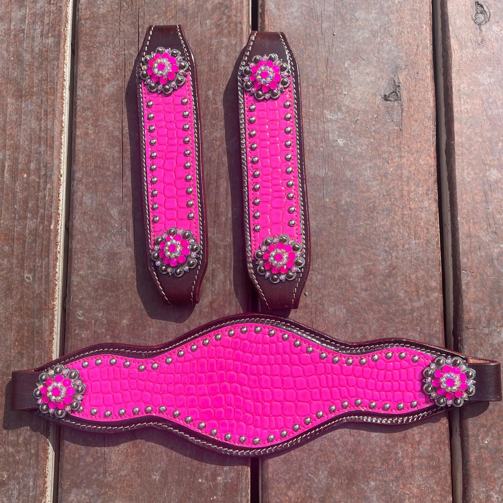 Hot Pink print Leather Bronc Halter Pieces
