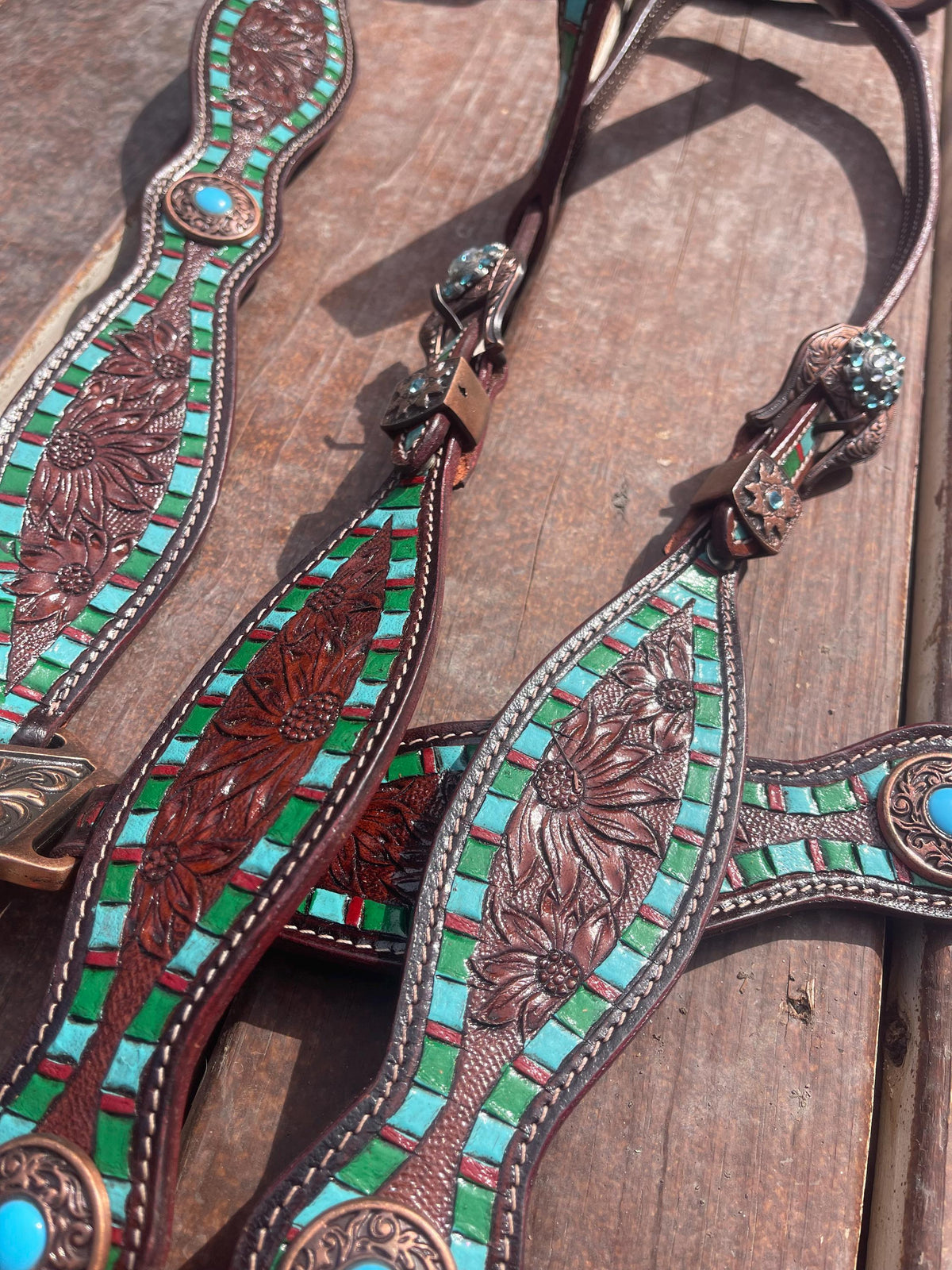 Western Horse Tack Set | leather tooled turquoise and green (BHT084)