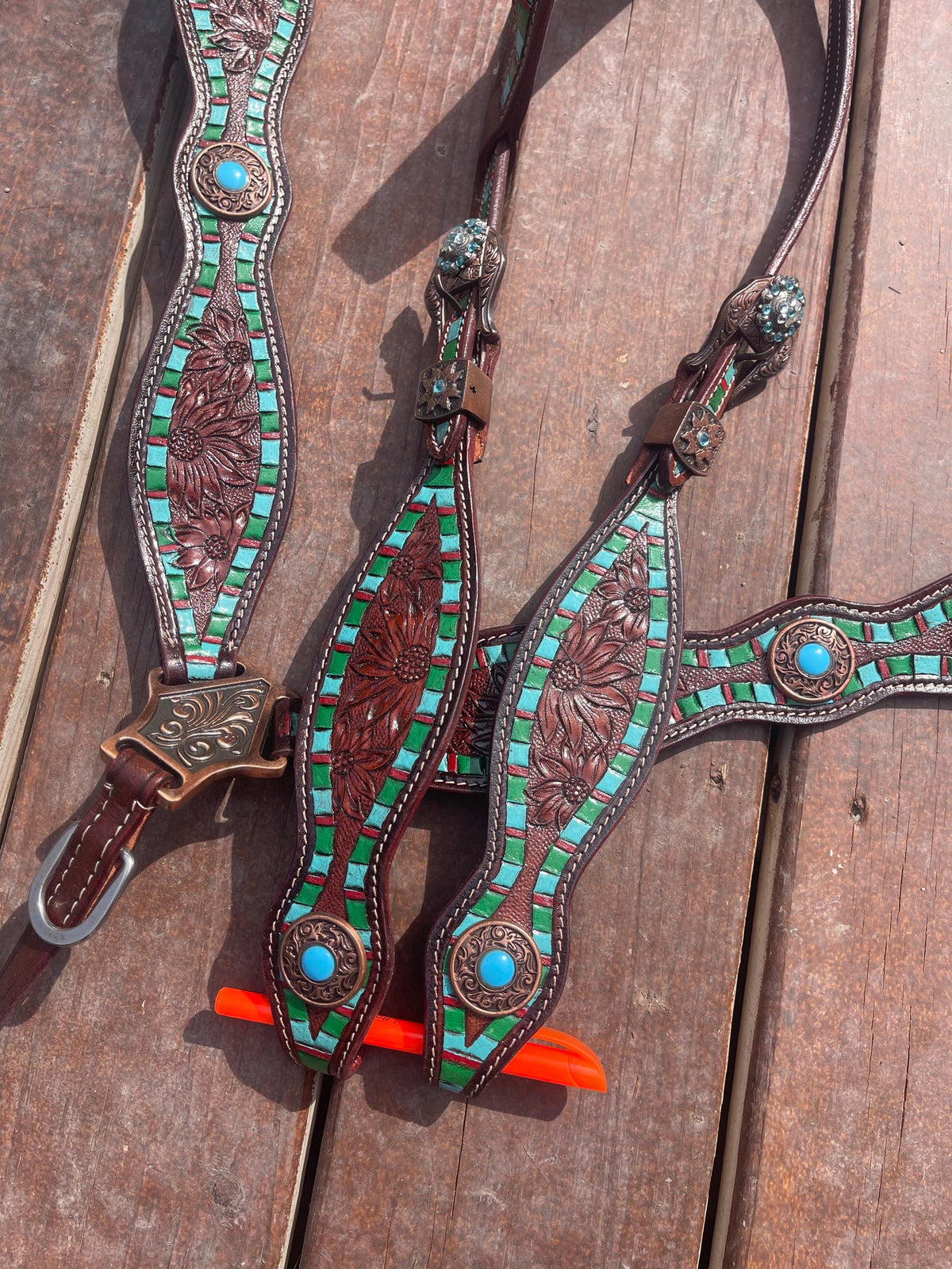 Western Horse Tack Set | leather tooled turquoise and green (BHT084)